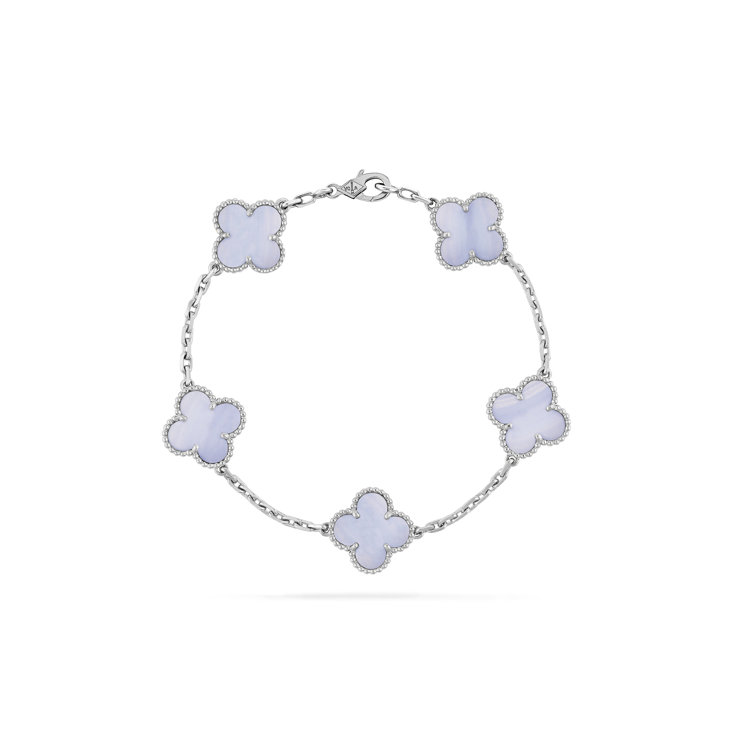 VAN CLEEF ARPELS VINTAGE ALHAMBRA BRACELET, 5 MOTIFS - WHITE GOLD, CHALCEDONY VCARD34700 VAN CLEEF ARPELS VINTAGE ALHAMBRA BRACELET, 5 MOTIFS - WHITE GOLD, CHALCEDONY VCARD34700